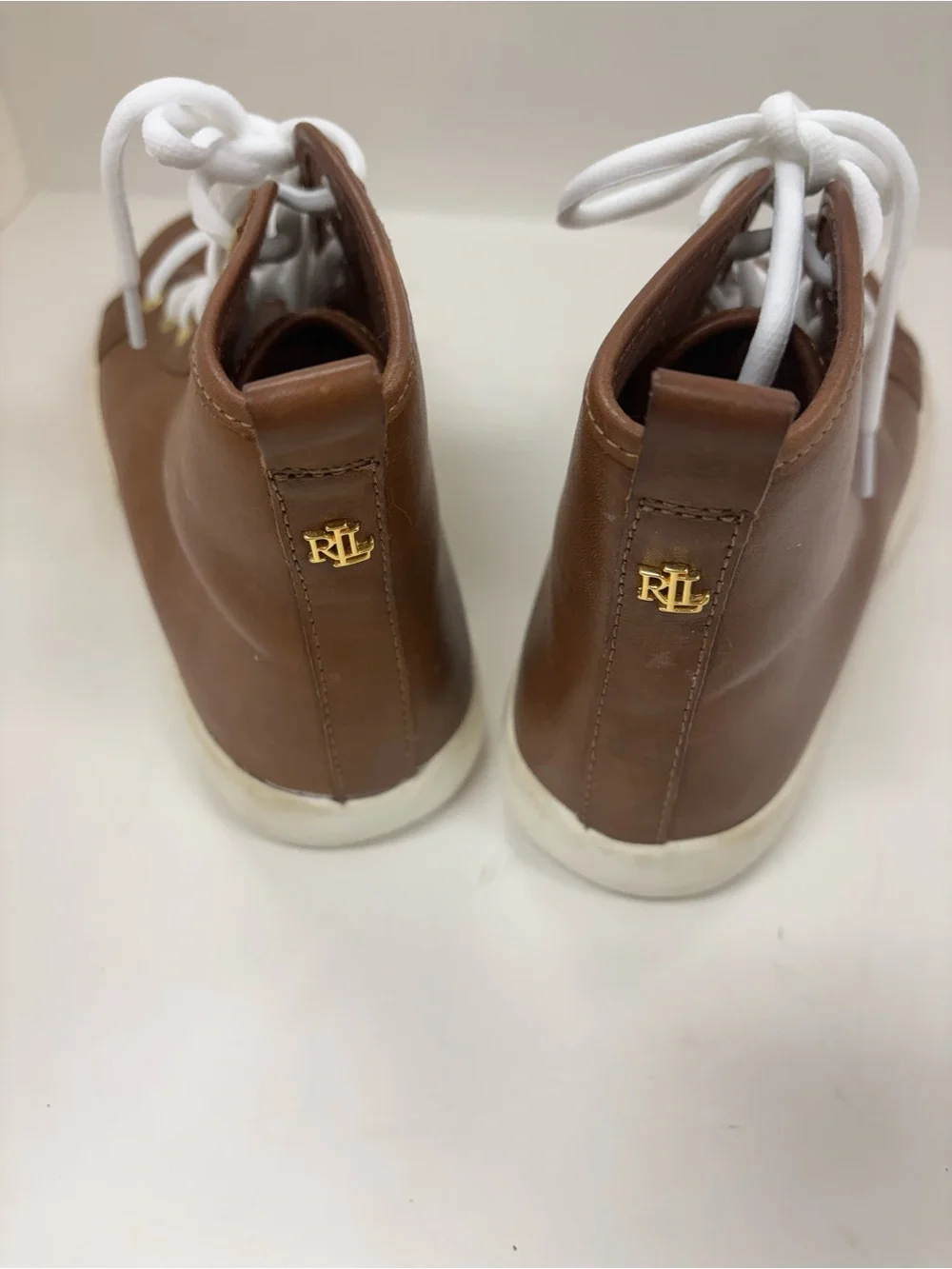 LAUREN BY RALPH LAUREN HIGH TOP SNEAKERS SHOES WOMEN 7.5  TAN PREPPY COLLEGIATE